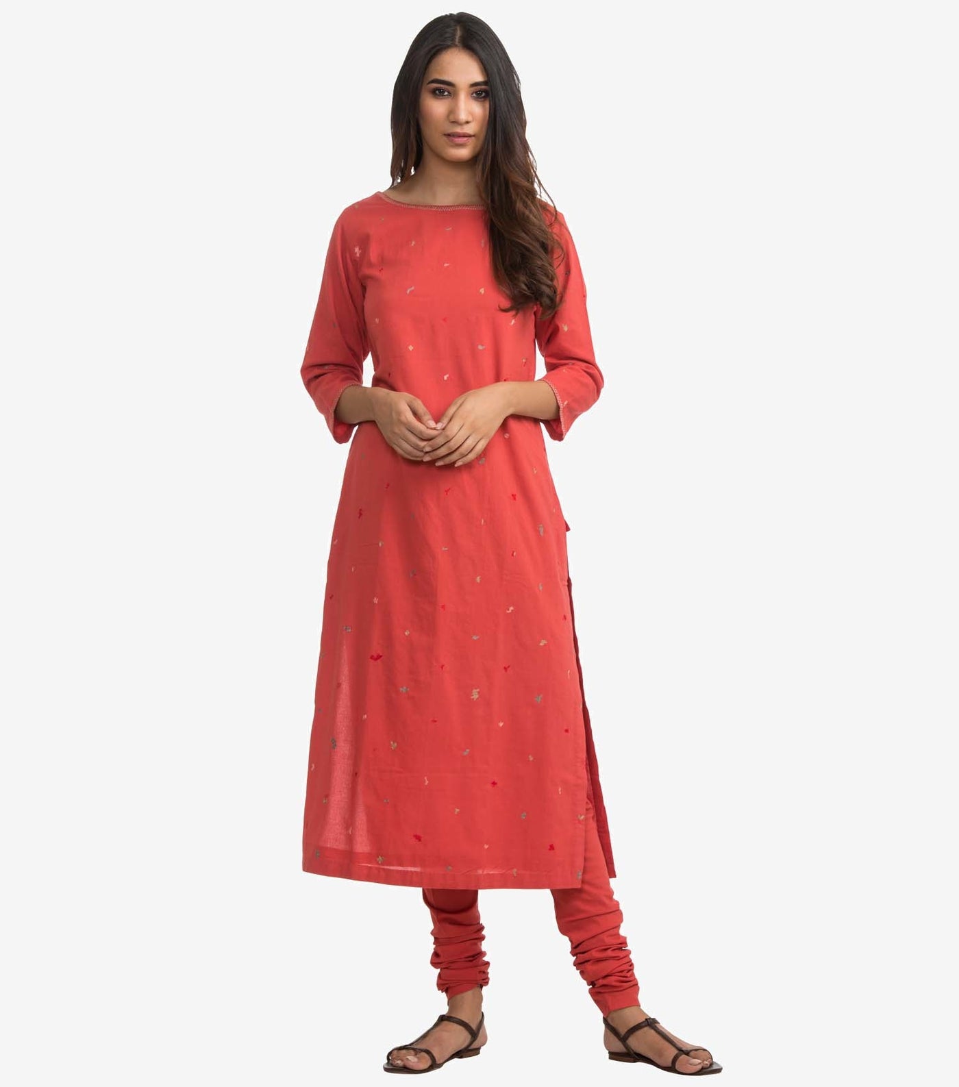 Coral Embroidered Cotton Suit Set