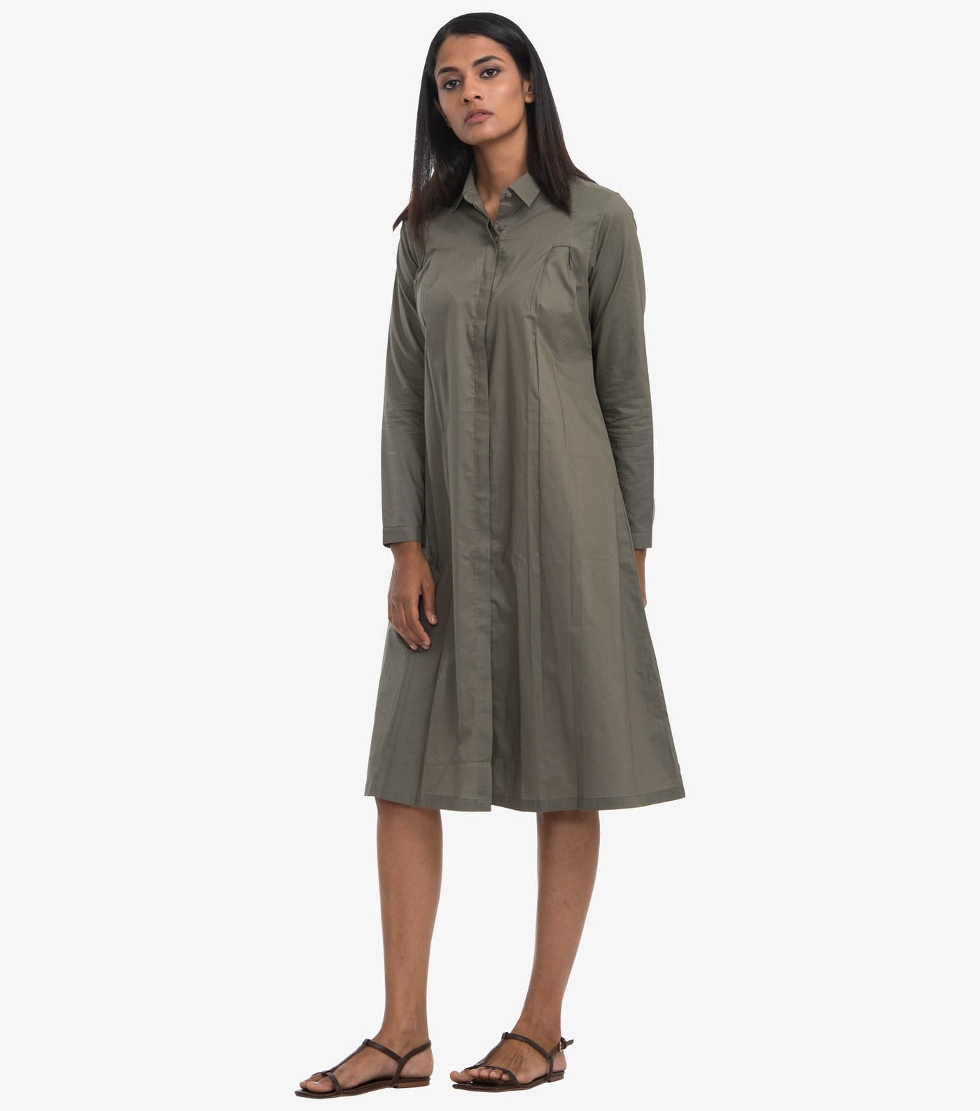 Olive poplin solid shirt dress