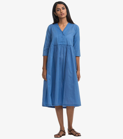 Blue Cotton Cambric Solid Dress