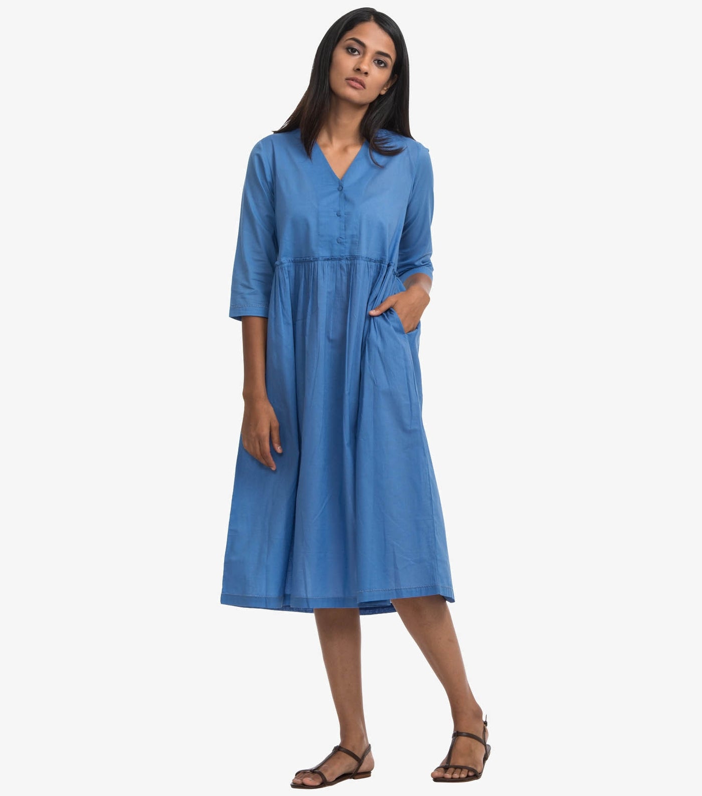 Blue Cotton Cambric Solid Dress