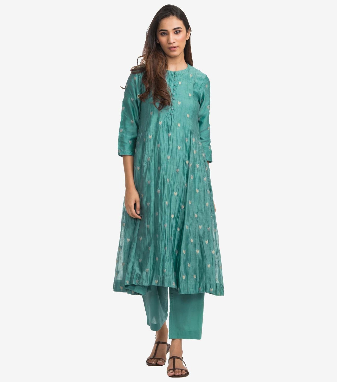 Green silk chanderi crinckled kurta & palazzo pants set