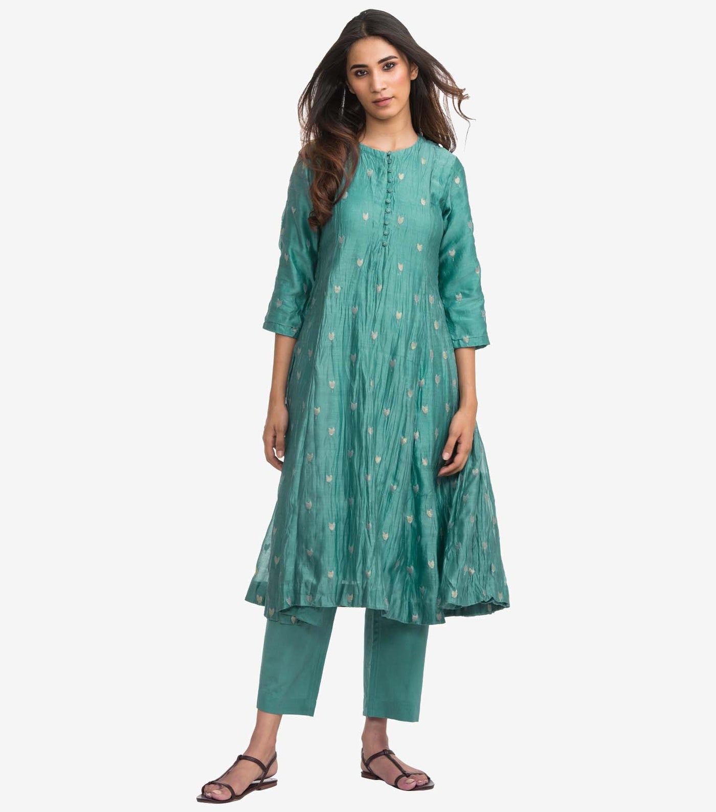 Green silk chanderi crinckled kurta & palazzo pants set
