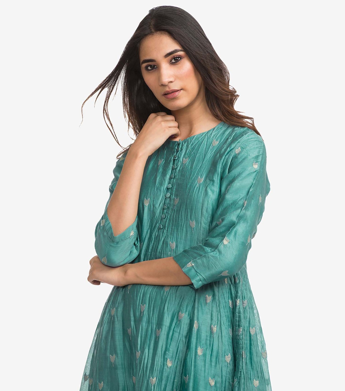 Green silk chanderi crinckled kurta & palazzo pants set