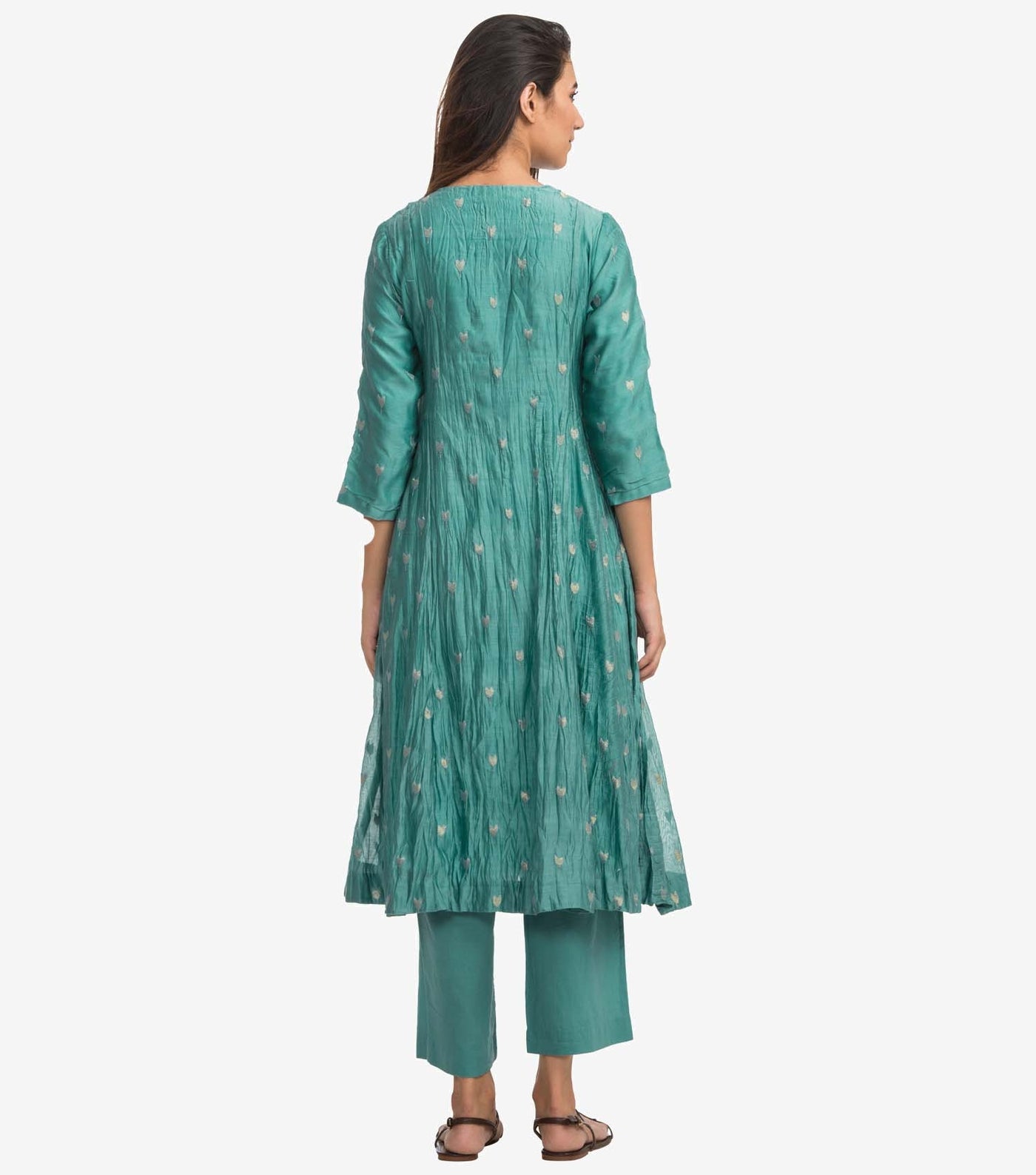 Green silk chanderi crinckled kurta & palazzo pants set