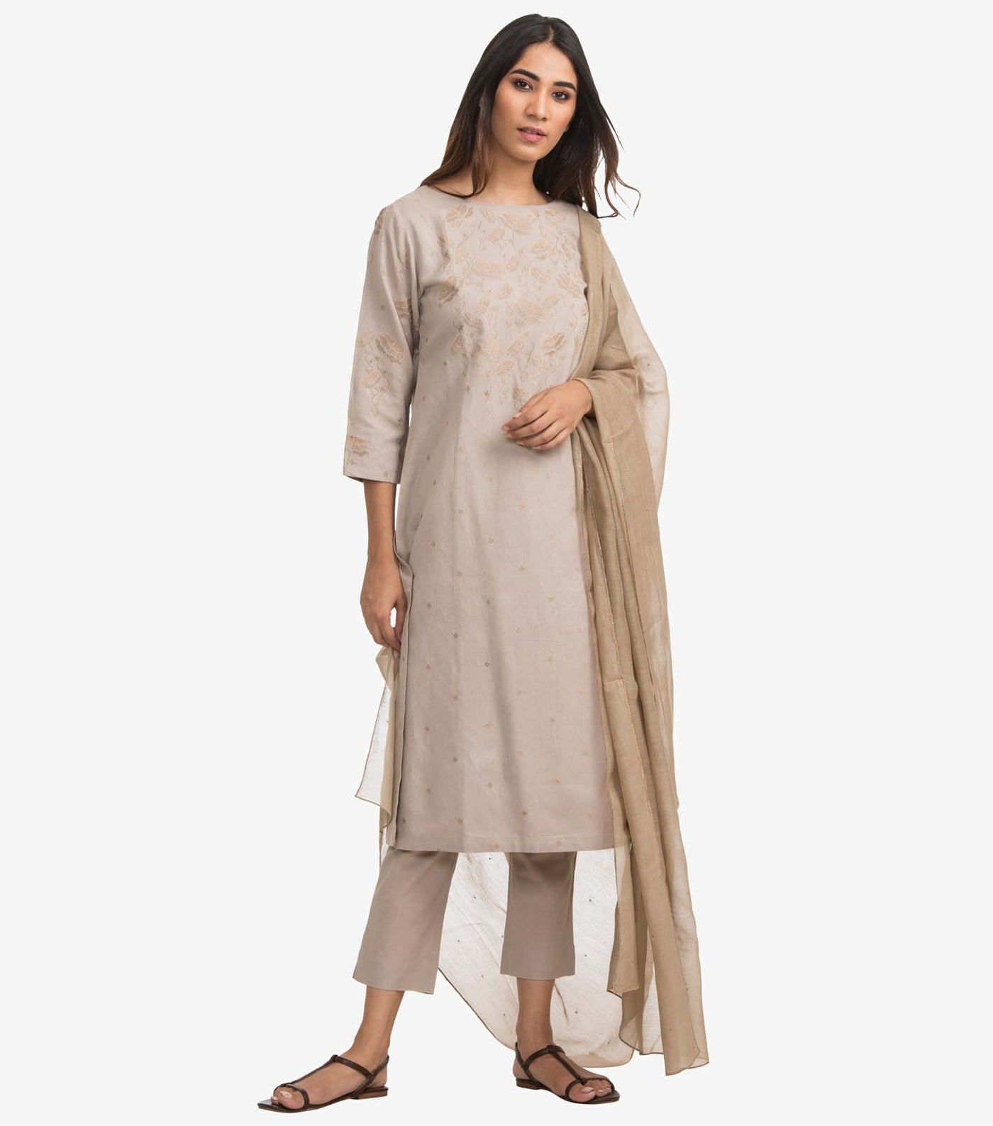 Beige Embroidered Linen Suit Set