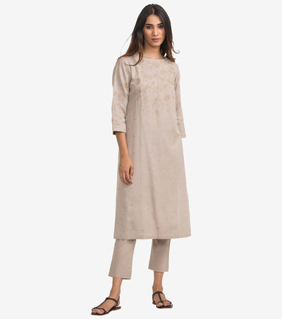 Beige Embroidered Linen Suit Set