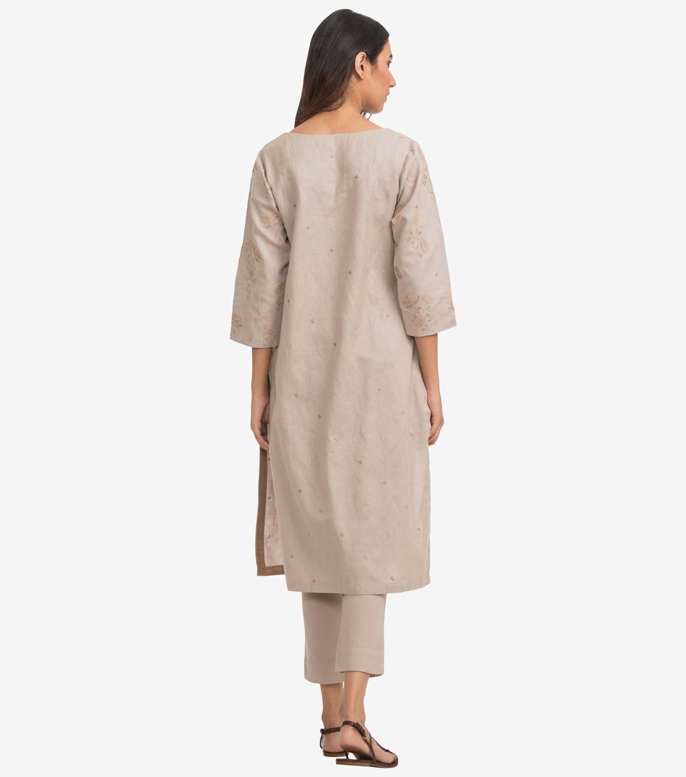Beige Embroidered Linen Suit Set
