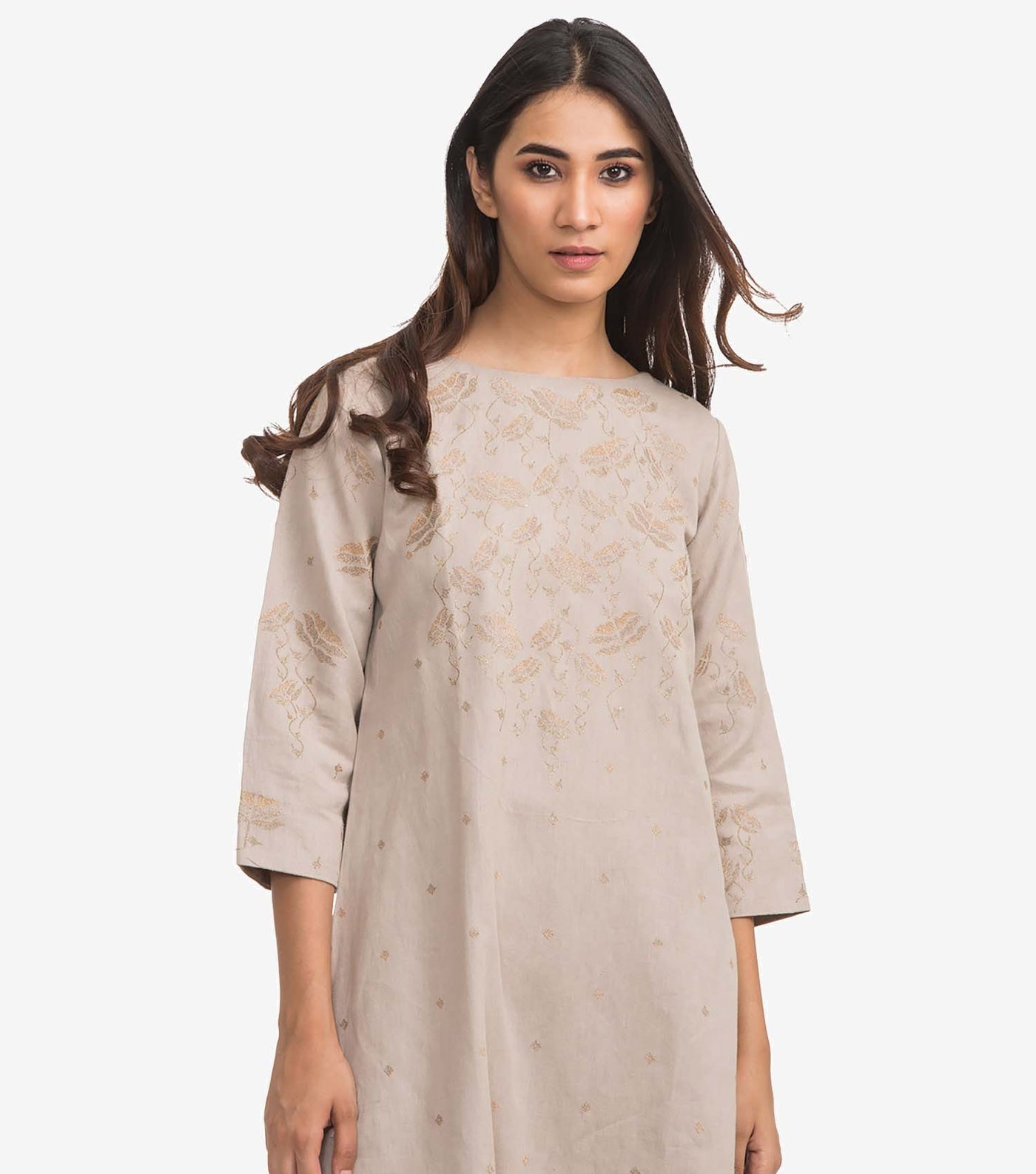 Beige Embroidered Linen Suit Set