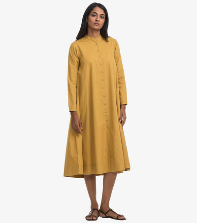 Mustard Cotton Poplin Flared Dress