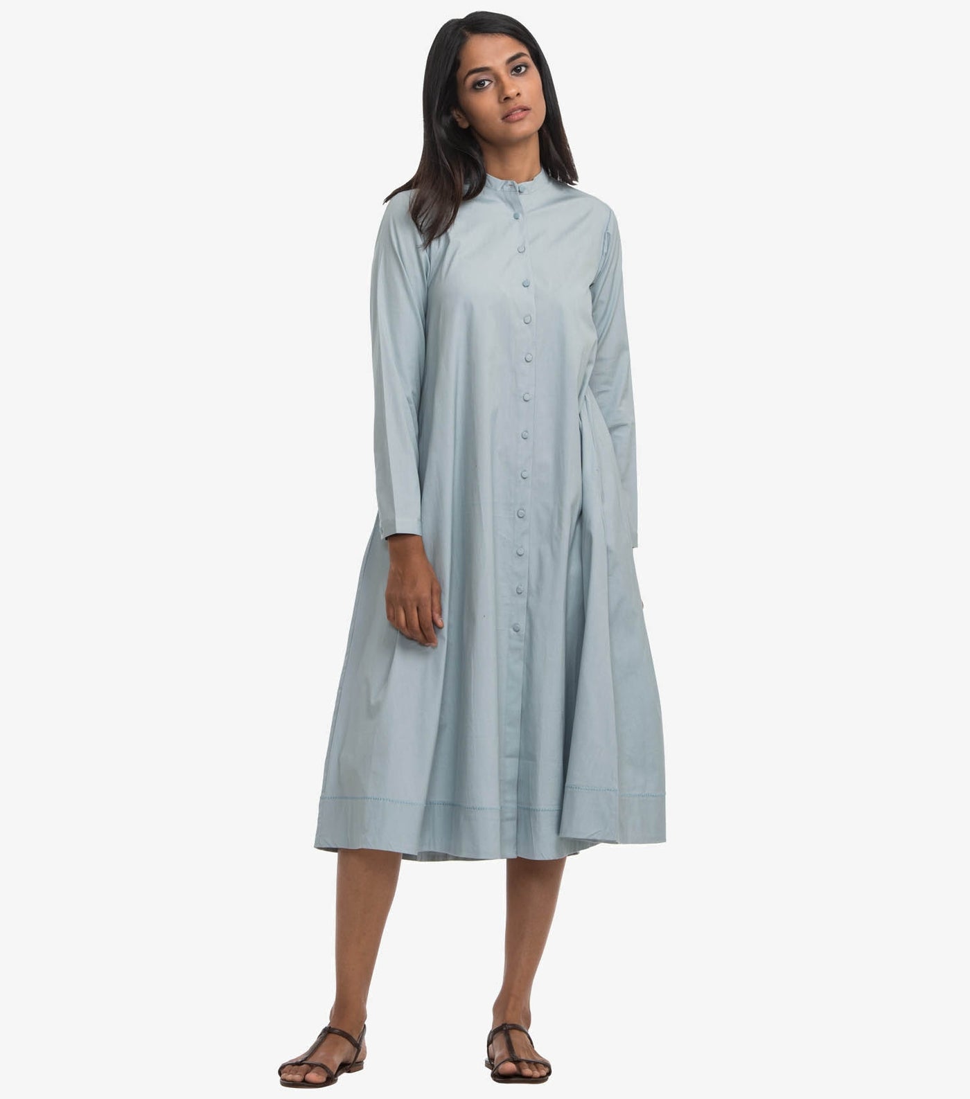 Blue cotton poplin flared dress