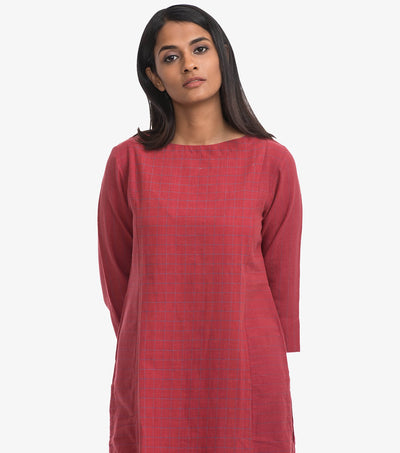 Red khadi cotton checked kurta