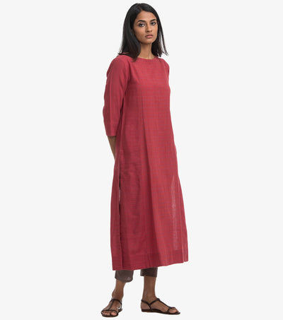 Red khadi cotton checked kurta