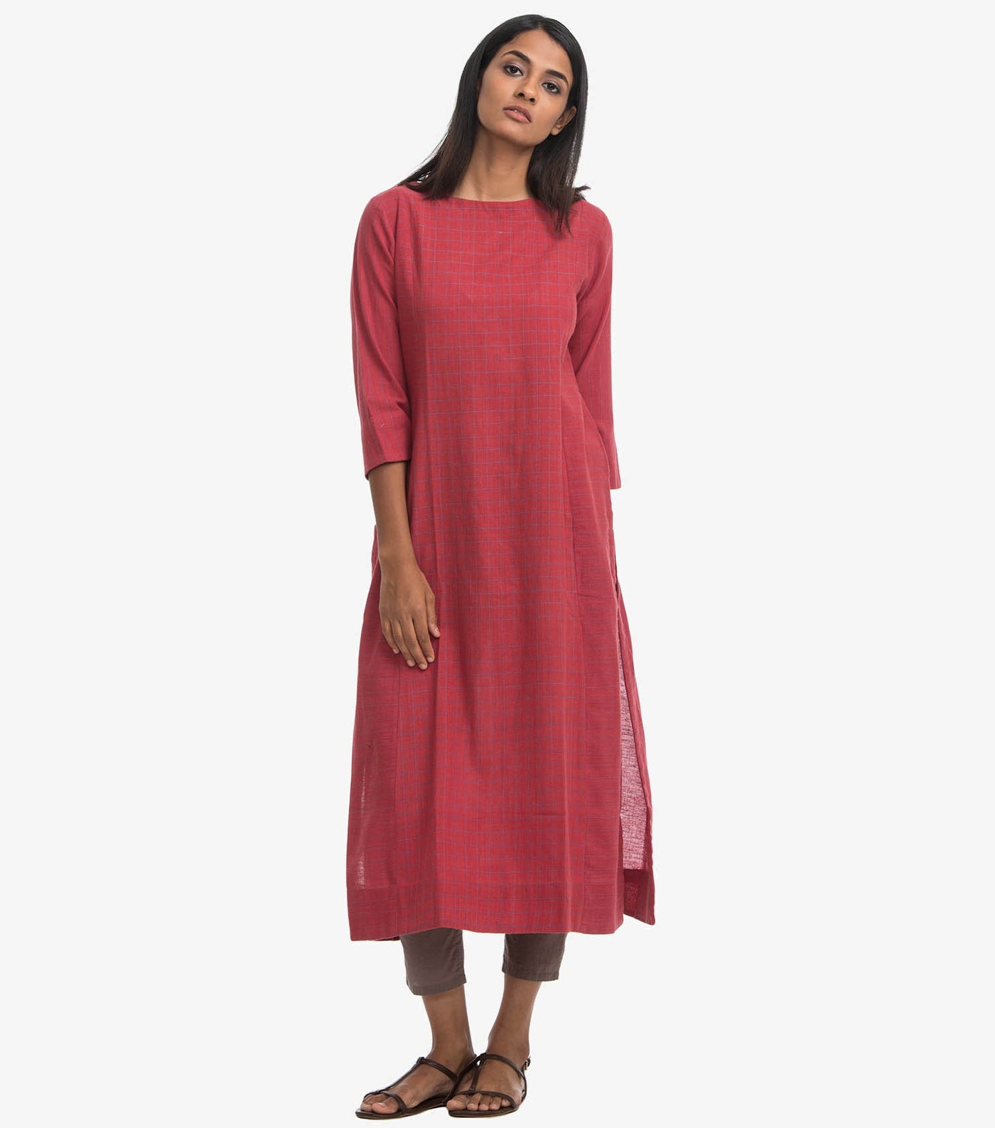 Red khadi cotton checked kurta
