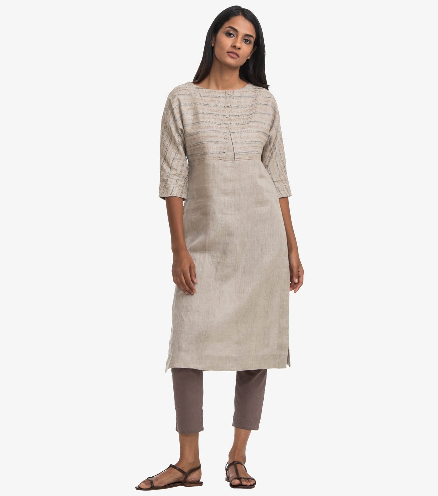 Beige embroidered linen kurta