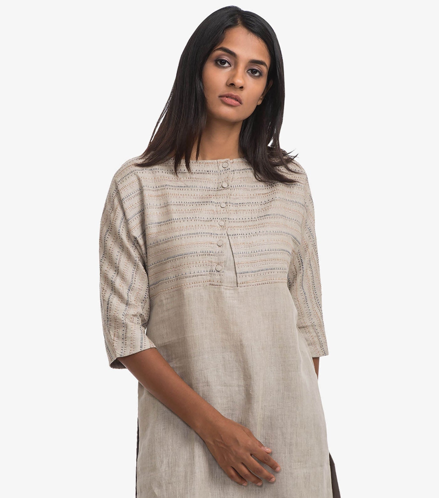 Beige embroidered linen kurta