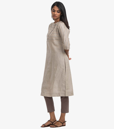 Beige embroidered linen kurta