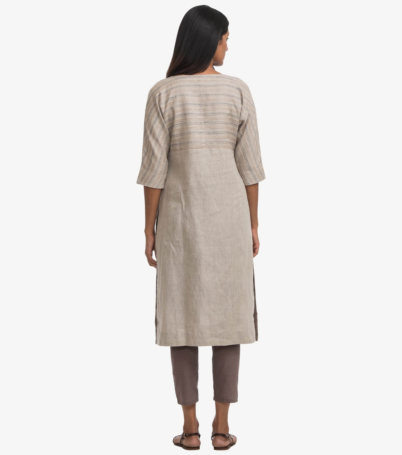 Beige embroidered linen kurta