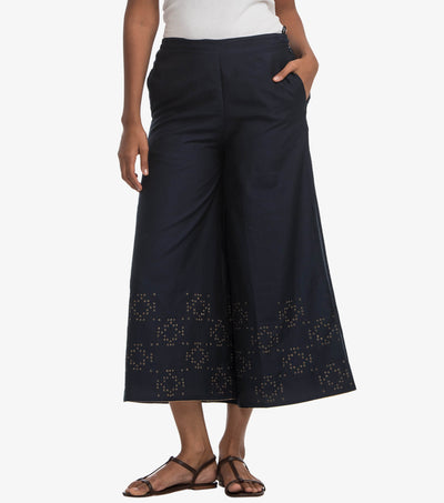 Navy silk cotton embroidered palazzo