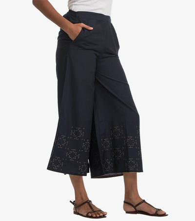 Navy silk cotton embroidered palazzo
