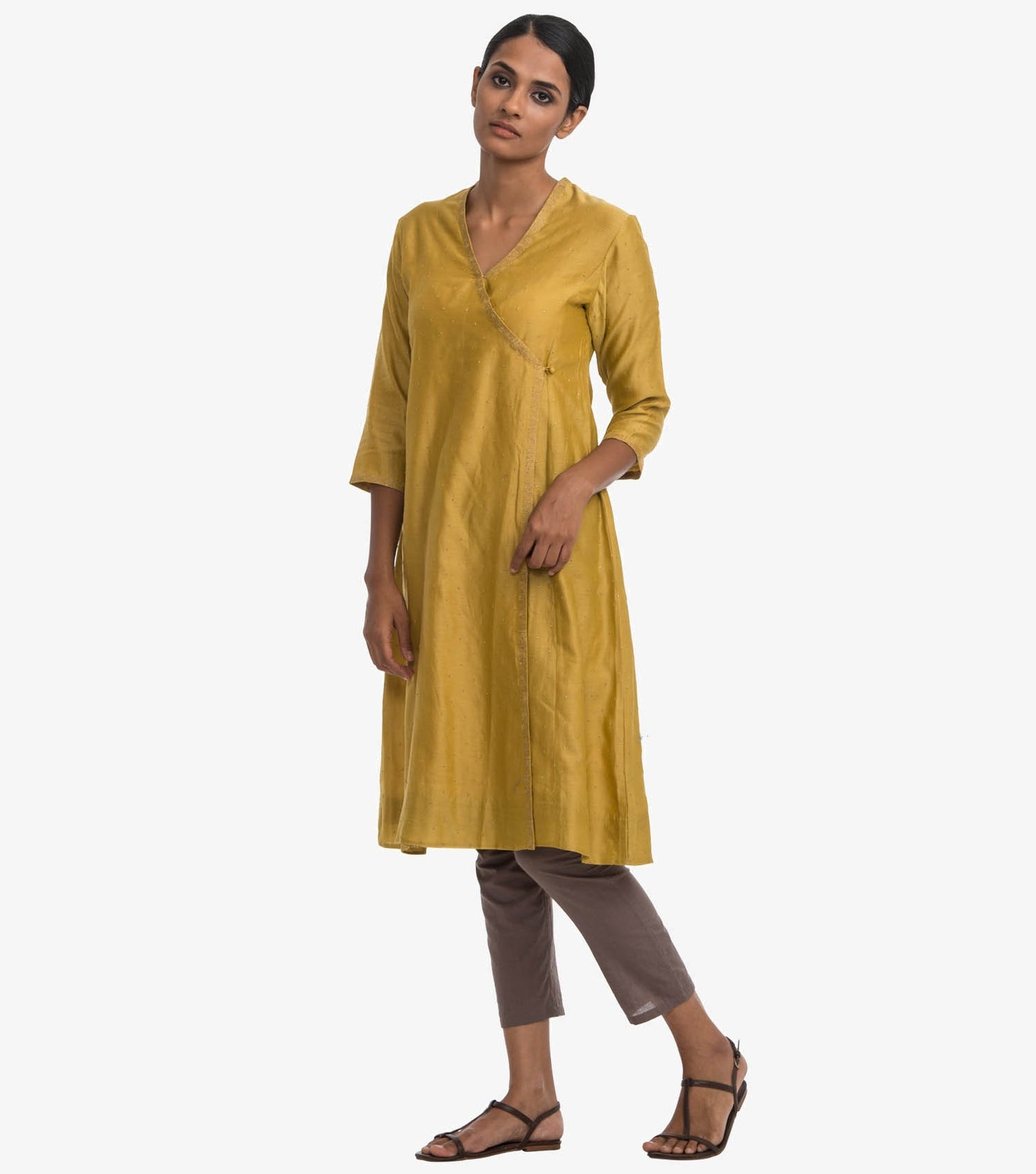 Yellow chanderi angrakha kurta