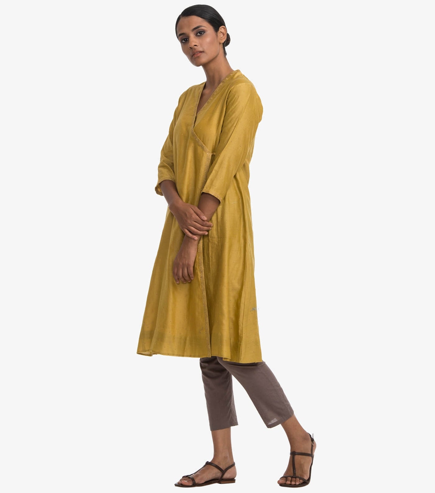 Yellow chanderi angrakha kurta