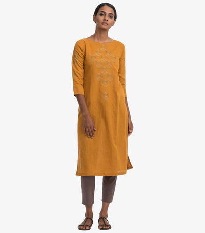 Mustard cotton linen embroidered kurta
