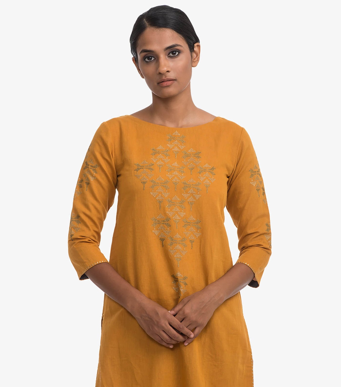 Mustard cotton linen embroidered kurta