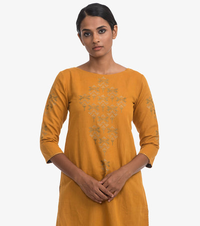 Mustard cotton linen embroidered kurta
