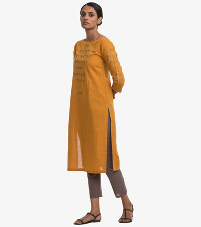 Mustard cotton linen embroidered kurta