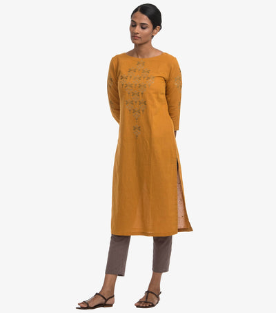 Mustard cotton linen embroidered kurta