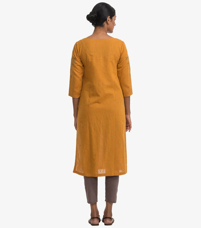 Mustard cotton linen embroidered kurta