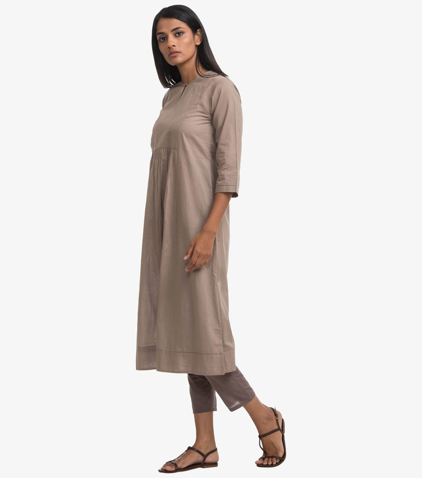 Beige cotton solid flared kurta