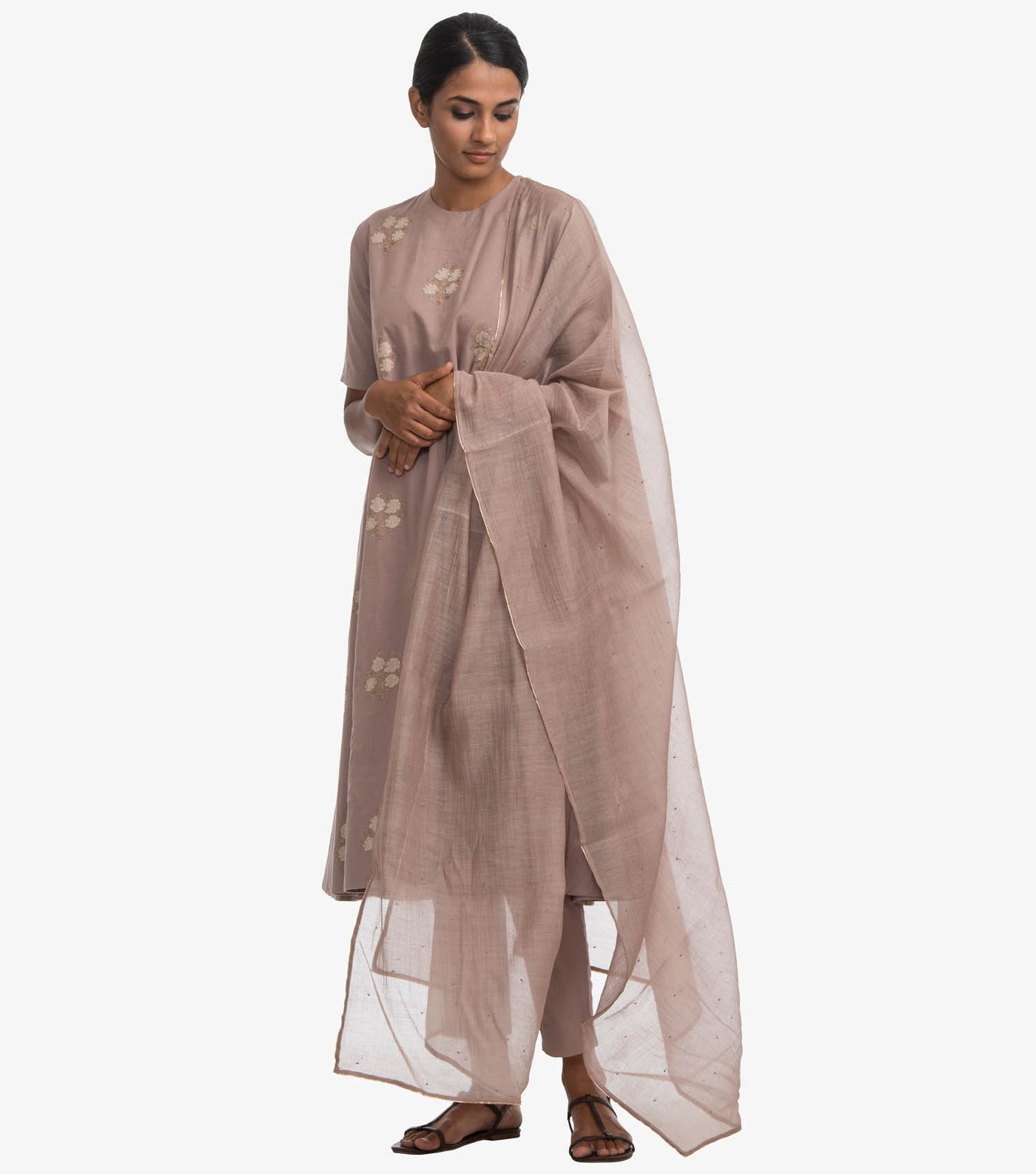Beige cotton silk embroidered kurta set