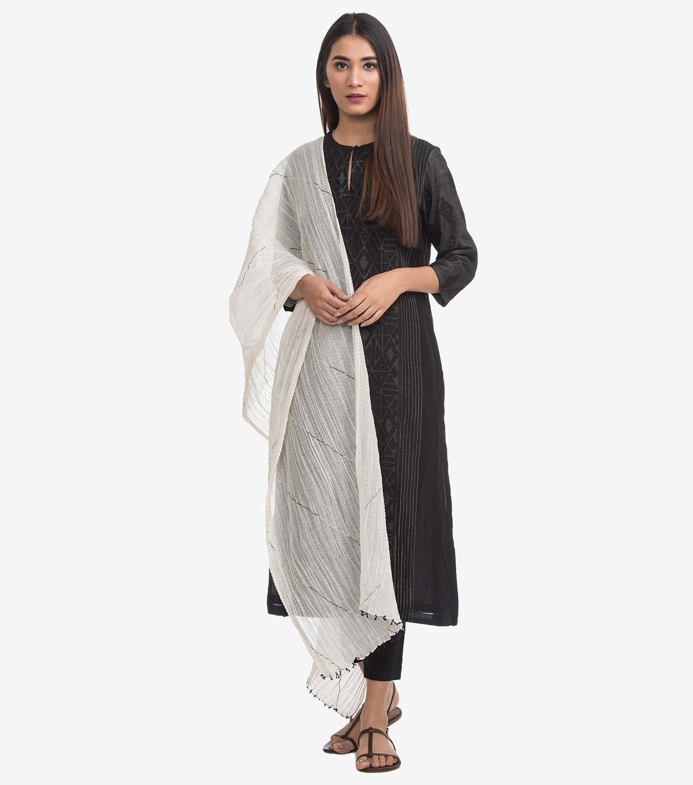 Black applique work Chanderi kurta & cotton pants set