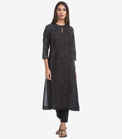Black applique work Chanderi kurta & cotton pants set