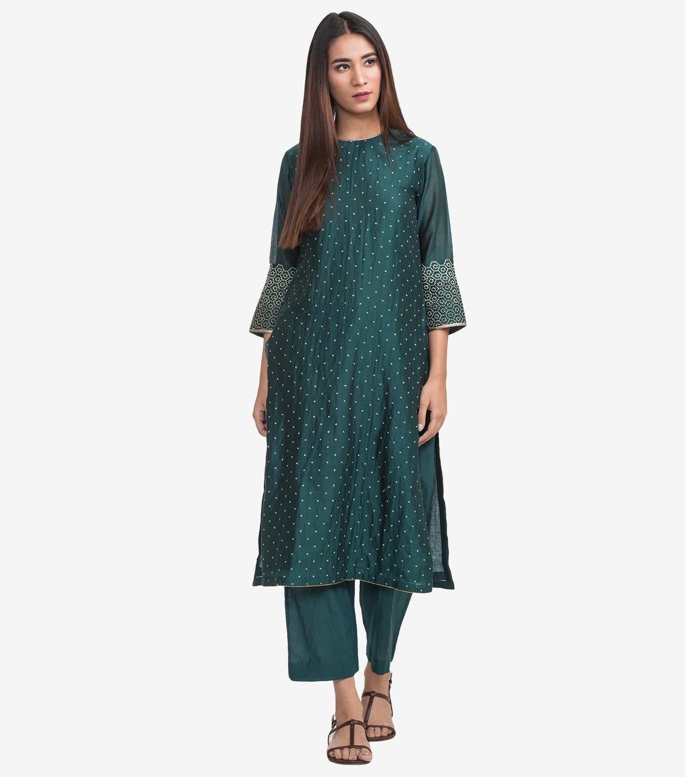 Emerald Green embroidered silk kurta & Pants set
