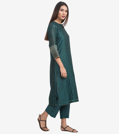 Emerald Green embroidered silk kurta & Pants set