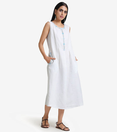 White cotton linen embroidered dress