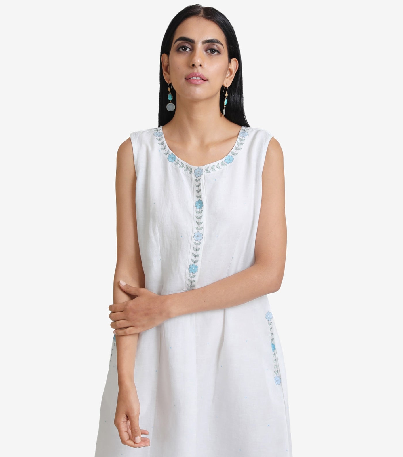 White cotton linen embroidered dress