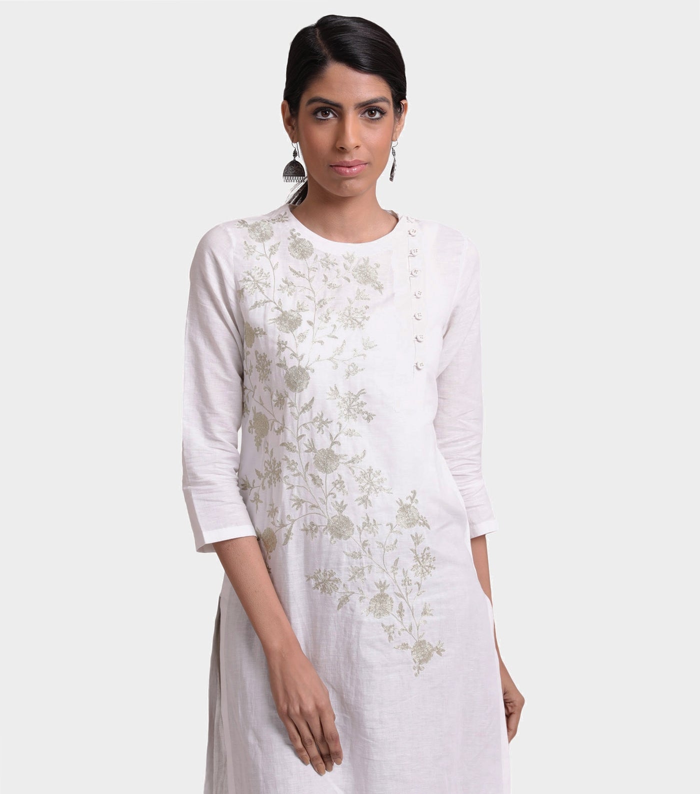 White linen zari embroidered kurta